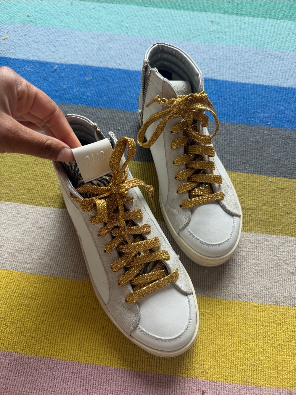 P448 Women’s White High-Top Sneakers with Gold Glitter Laces size 38